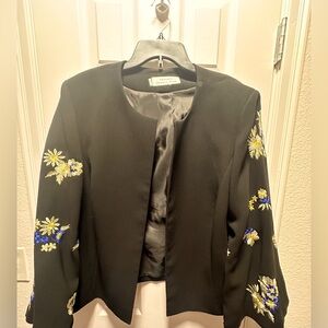 Black Tahari women’s jacket with embroidered floral sleeves
